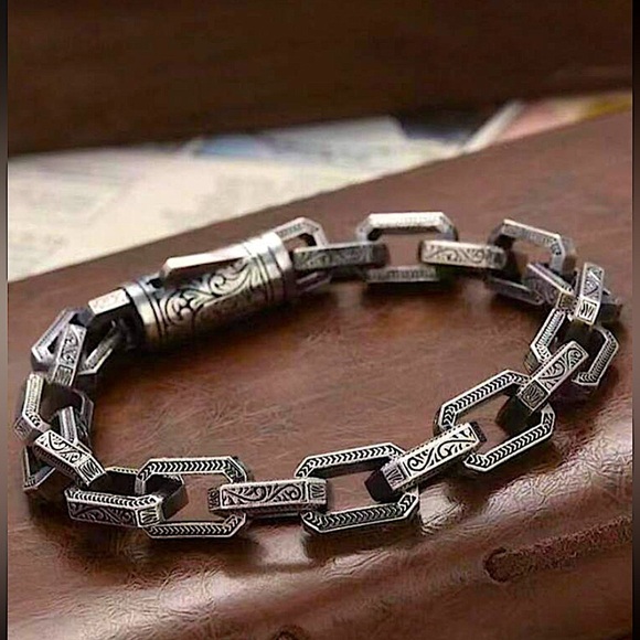Stainless Steel Chain Link Bracelet, Mantra, Curb Hand Woven Engraved - Picture 1 of 4